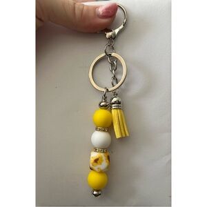 Yellow and White Beaded Keychain Accessory